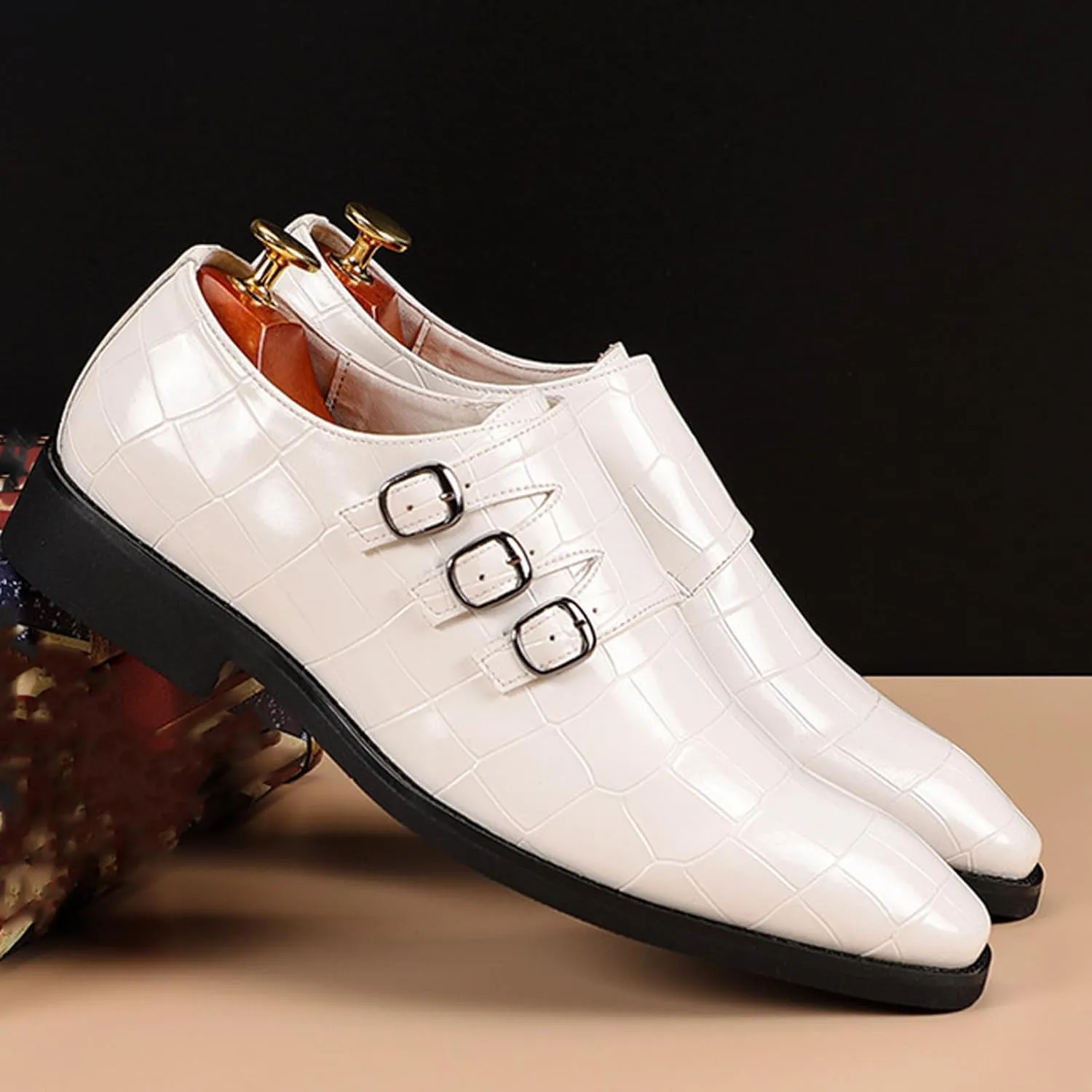 Men's Printed Oxford Dress Shoes,Fashion Metal Buckle Comfortable Pull-on Pointed-Toe Formal Shoes Business Wedding Slip-on Loafers for Men