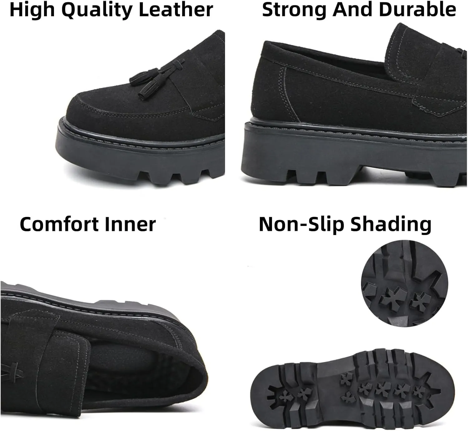 Men's Suede Leather Slip On Tassel Platform Loafers Vintage Round Toe Non-Slip Luxury Formal Shoes Casual Business Penny Dress Loafers