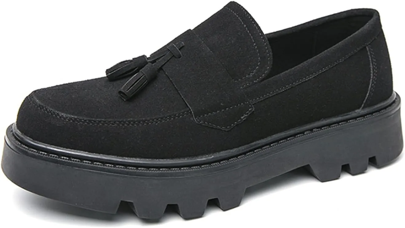 Men's Suede Leather Slip On Tassel Platform Loafers Vintage Round Toe Non-Slip Luxury Formal Shoes Casual Business Penny Dress Loafers