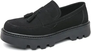 Men's Suede Leather Slip On Tassel Platform Loafers Vintage Round Toe Non-Slip Luxury Formal Shoes Casual Business Penny Dress Loafers