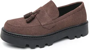 Men's Suede Leather Slip On Tassel Platform Loafers Vintage Round Toe Non-Slip Luxury Formal Shoes Casual Business Penny Dress Loafers