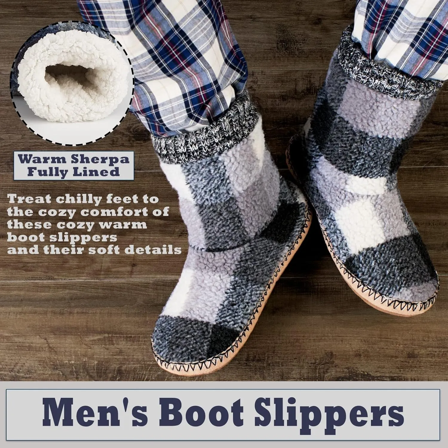 Men's Warm Up House Boots, Thick Fuzzy Sherpa Fleece Winter Moccasin Socks Non-slip Soles, Cozy Soft Comfy Indoor Shoes Rubber Grippers