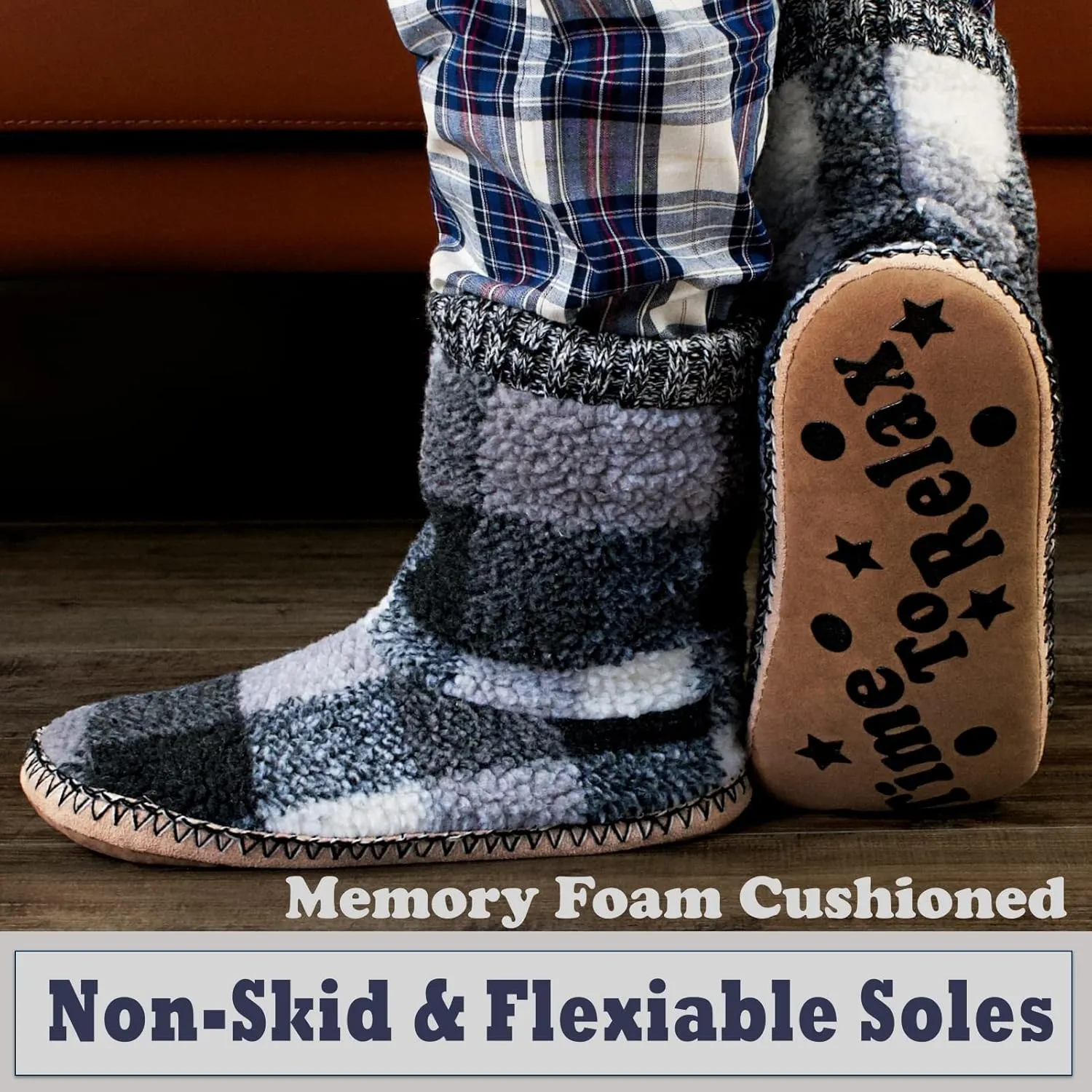 Men's Warm Up House Boots, Thick Fuzzy Sherpa Fleece Winter Moccasin Socks Non-slip Soles, Cozy Soft Comfy Indoor Shoes Rubber Grippers