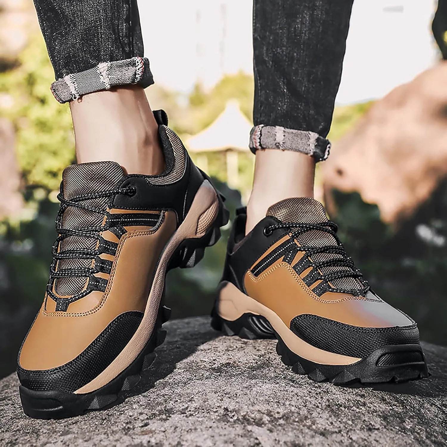Men's Waterproof Hiking Shoes Breathable Non-Slip Sneakers Hike Trekking Trails Work Shoe Lightweight Low Top for Outdoor Trailing Trekking Walking
