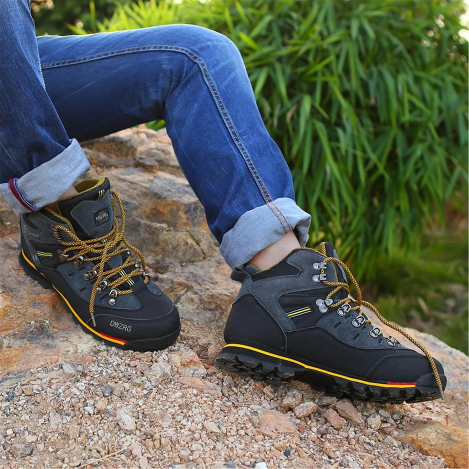 Men's Waterproof Leather mid Hiking Boots Outdoor Non-Slip Lightweight Trekking Sneakers