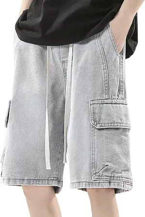 Mens Wide Leg Hip Hop Cropped Jean Shorts Baggy Denim Shorts with Pockets Aesthetic Pants Streetwear Clothes