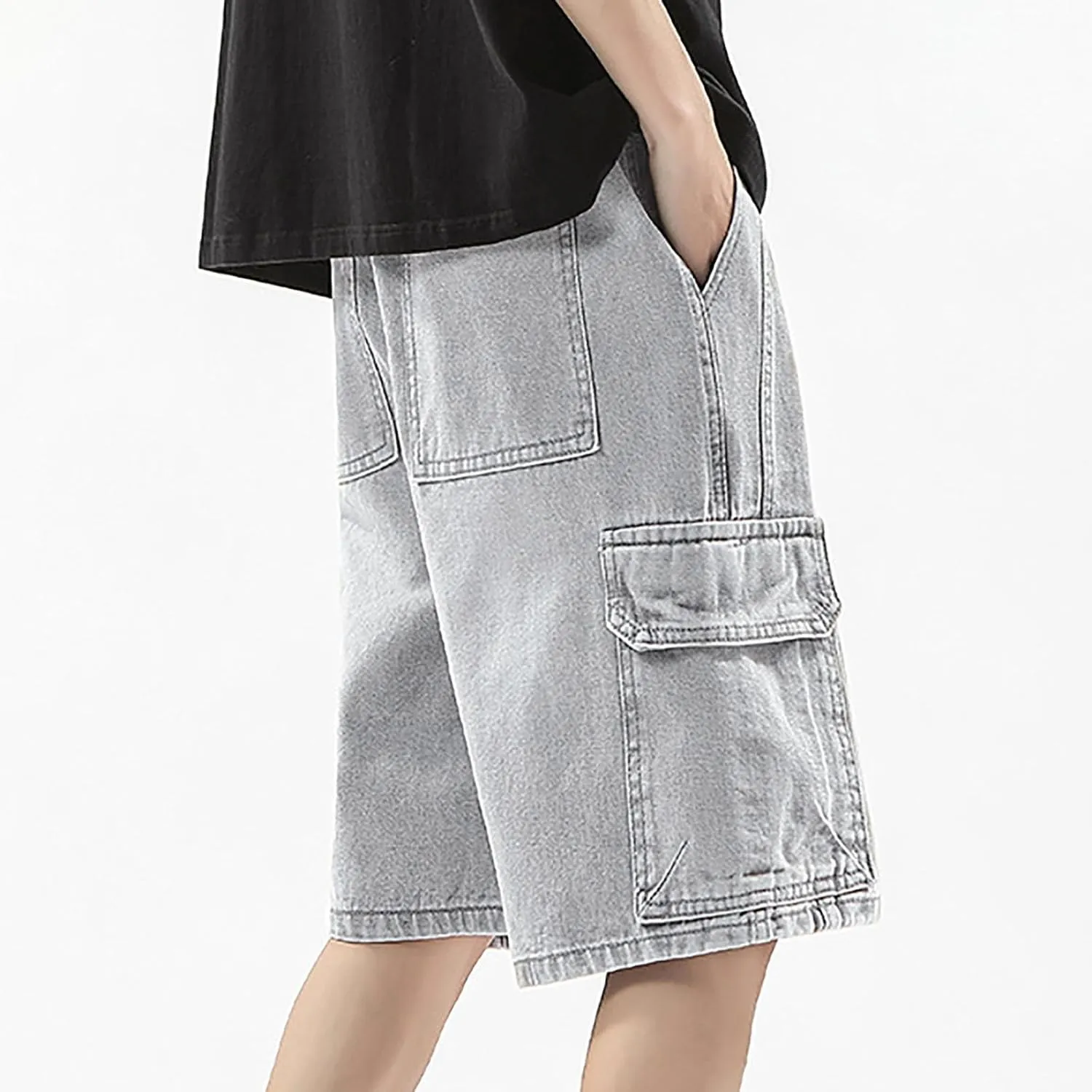 Mens Wide Leg Hip Hop Cropped Jean Shorts Baggy Denim Shorts with Pockets Aesthetic Pants Streetwear Clothes