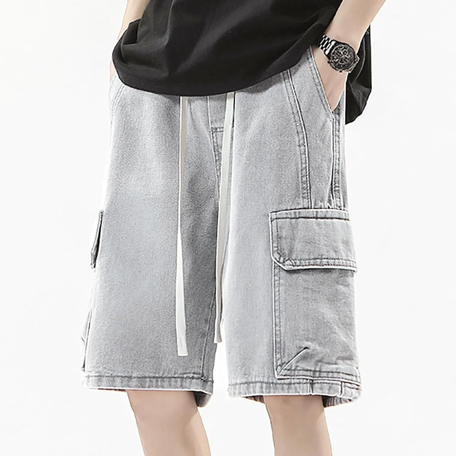 Mens Wide Leg Hip Hop Cropped Jean Shorts Baggy Denim Shorts with Pockets Aesthetic Pants Streetwear Clothes