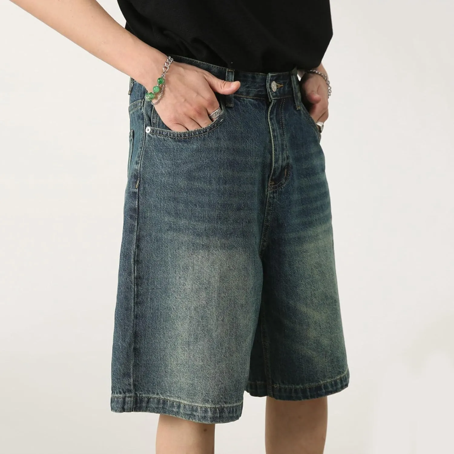 Men's Wide Leg Hip Hop Mid Jean Shorts Baggy Denim Shorts with Pockets Skateboard Pants Streetwear