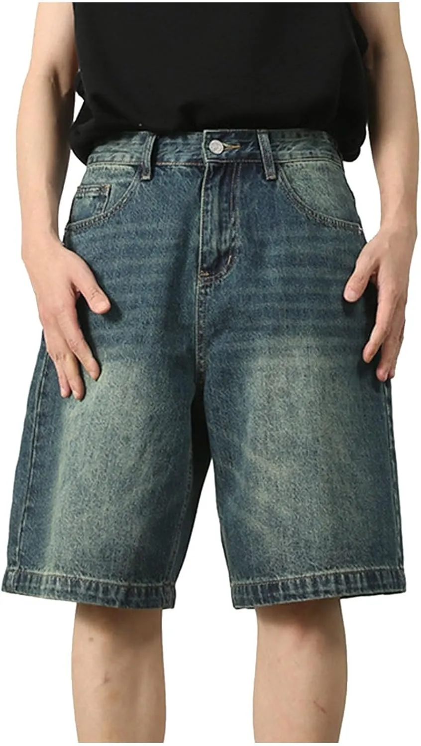 Men's Wide Leg Hip Hop Mid Jean Shorts Baggy Denim Shorts with Pockets Skateboard Pants Streetwear