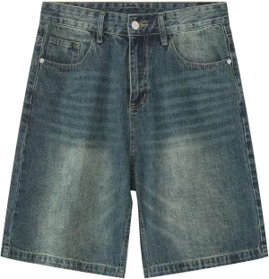 Men's Wide Leg Hip Hop Mid Jean Shorts Baggy Denim Shorts with Pockets Skateboard Pants Streetwear