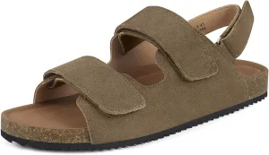 Mens Womens Cork Footbed Sandals Suede Leather Flat Sandals Arch Support Orthotic Summer Slip on Open Toe Outdoor Slide Shoes with Adjustable Double Strap & Back Strap