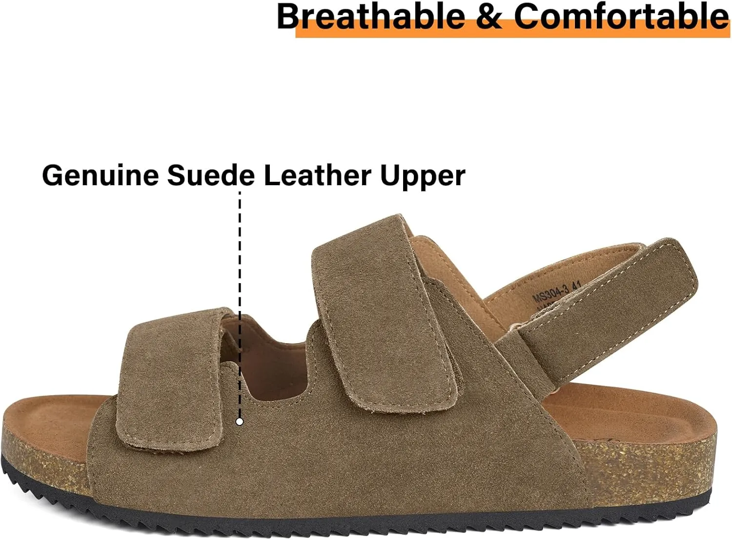 Mens Womens Cork Footbed Sandals Suede Leather Flat Sandals Arch Support Orthotic Summer Slip on Open Toe Outdoor Slide Shoes with Adjustable Double Strap & Back Strap
