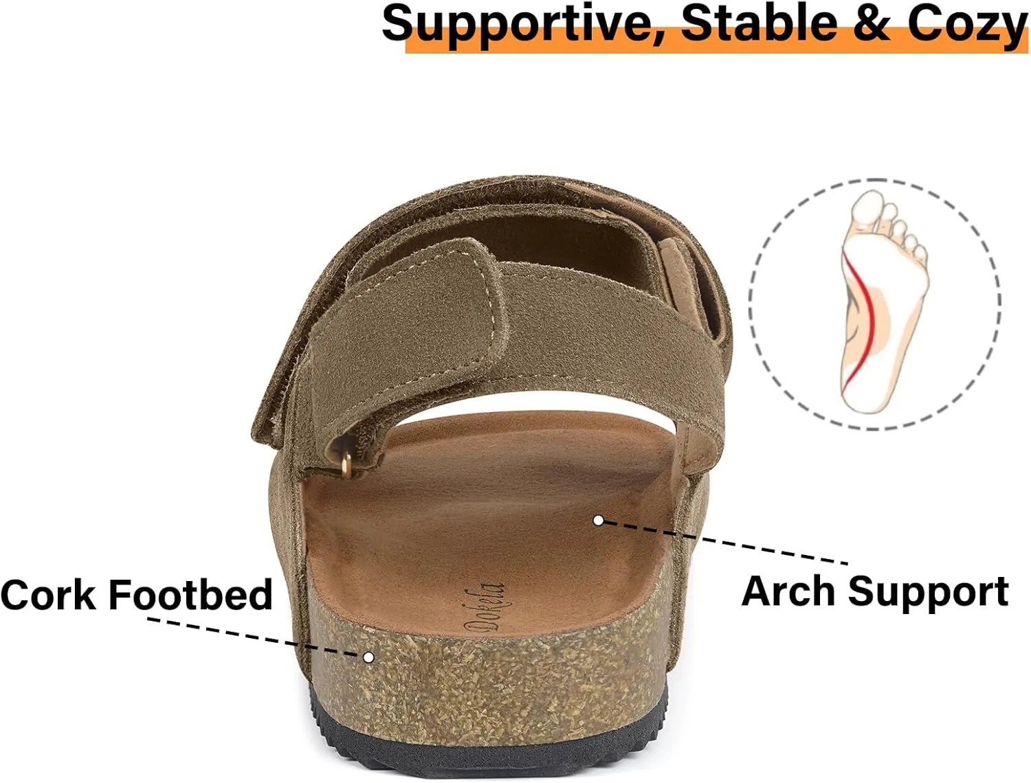 Mens Womens Cork Footbed Sandals Suede Leather Flat Sandals Arch Support Orthotic Summer Slip on Open Toe Outdoor Slide Shoes with Adjustable Double Strap & Back Strap