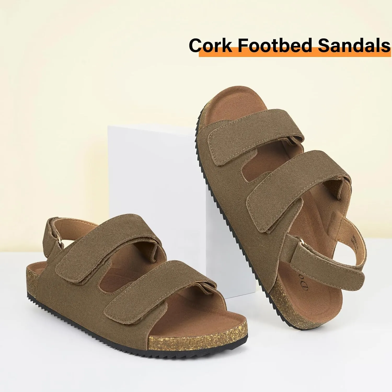Mens Womens Cork Footbed Sandals Suede Leather Flat Sandals Arch Support Orthotic Summer Slip on Open Toe Outdoor Slide Shoes with Adjustable Double Strap & Back Strap