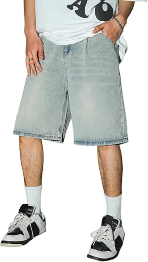 Mens Y2K Vintage Baggy Jean Shorts Wide Leg Hip Hop Mid Loose Denim Shorts with Pockets Streetwear