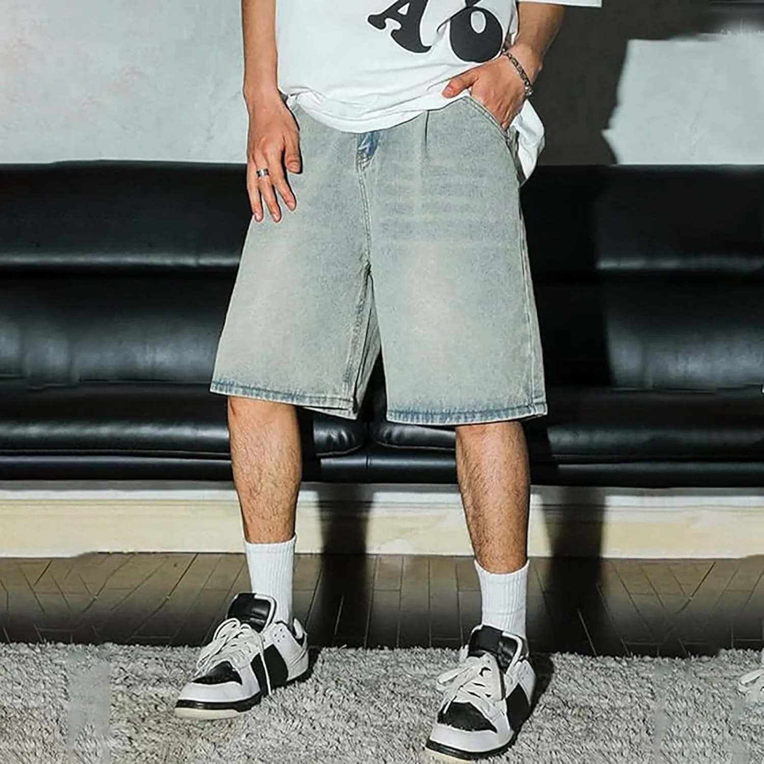 Mens Y2K Vintage Baggy Jean Shorts Wide Leg Hip Hop Mid Loose Denim Shorts with Pockets Streetwear