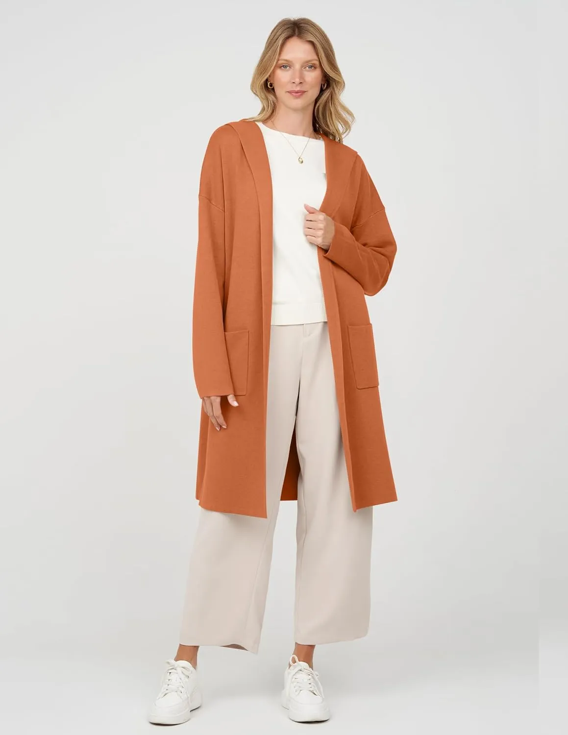 MEROKEETY Long Hooded Cardigan Sweaters for Women Oversized Open Front Coatigan Lady Jacket Coat Pockets