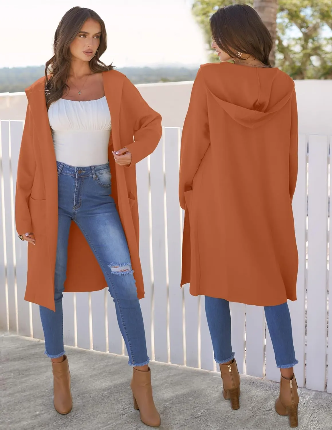 MEROKEETY Long Hooded Cardigan Sweaters for Women Oversized Open Front Coatigan Lady Jacket Coat Pockets