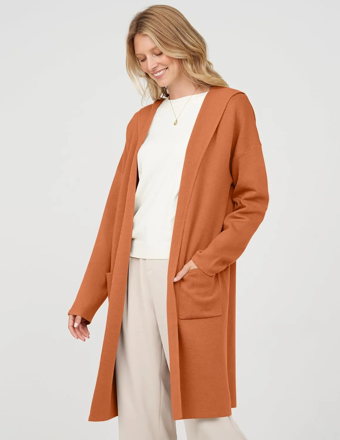 MEROKEETY Long Hooded Cardigan Sweaters for Women Oversized Open Front Coatigan Lady Jacket Coat Pockets
