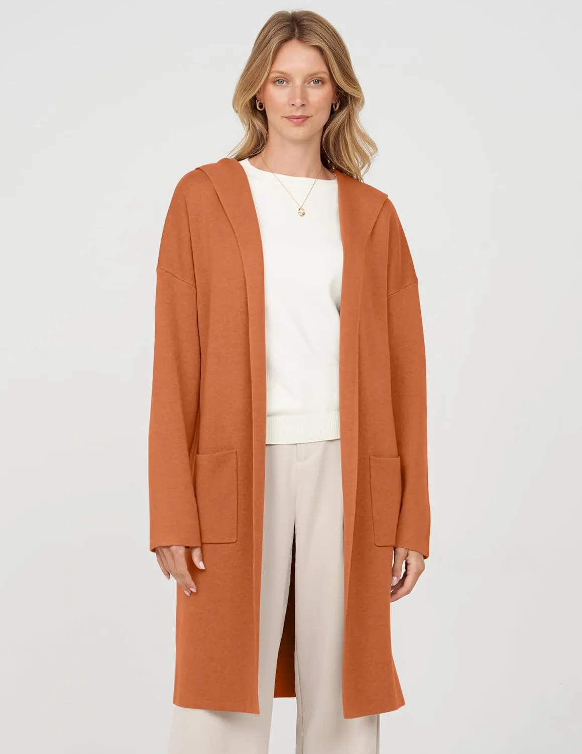 MEROKEETY Long Hooded Cardigan Sweaters for Women Oversized Open Front Coatigan Lady Jacket Coat Pockets