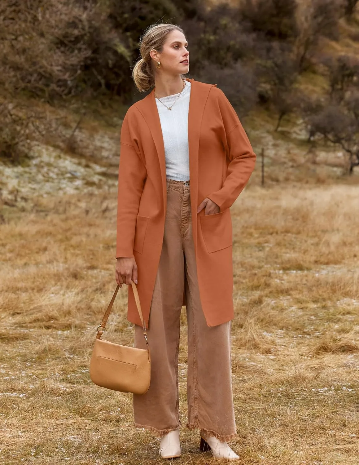 MEROKEETY Long Hooded Cardigan Sweaters for Women Oversized Open Front Coatigan Lady Jacket Coat Pockets