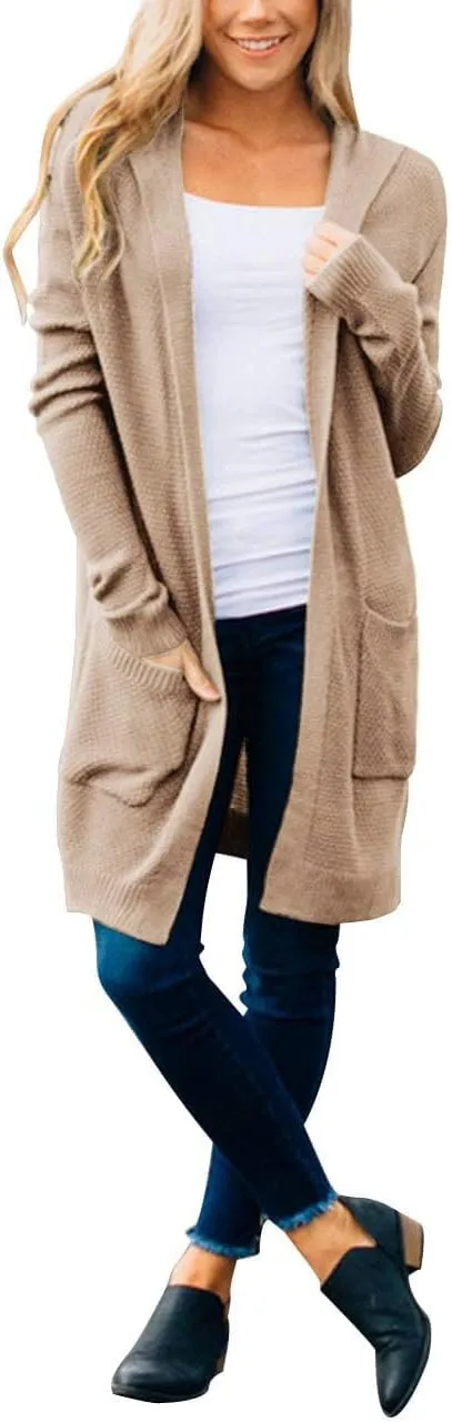 MEROKEETY Women's 2024 Long Sleeve Open Front Hoodie Knit Sweater Cardigan Outwear