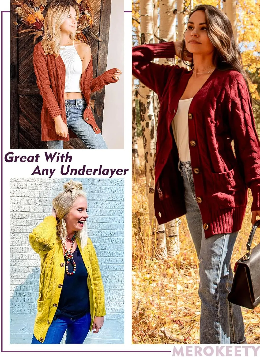 MEROKEETY Women's 2025 Fall Long Sleeve Cable Knit Sweater Open Front Cardigan Button Loose Outerwear