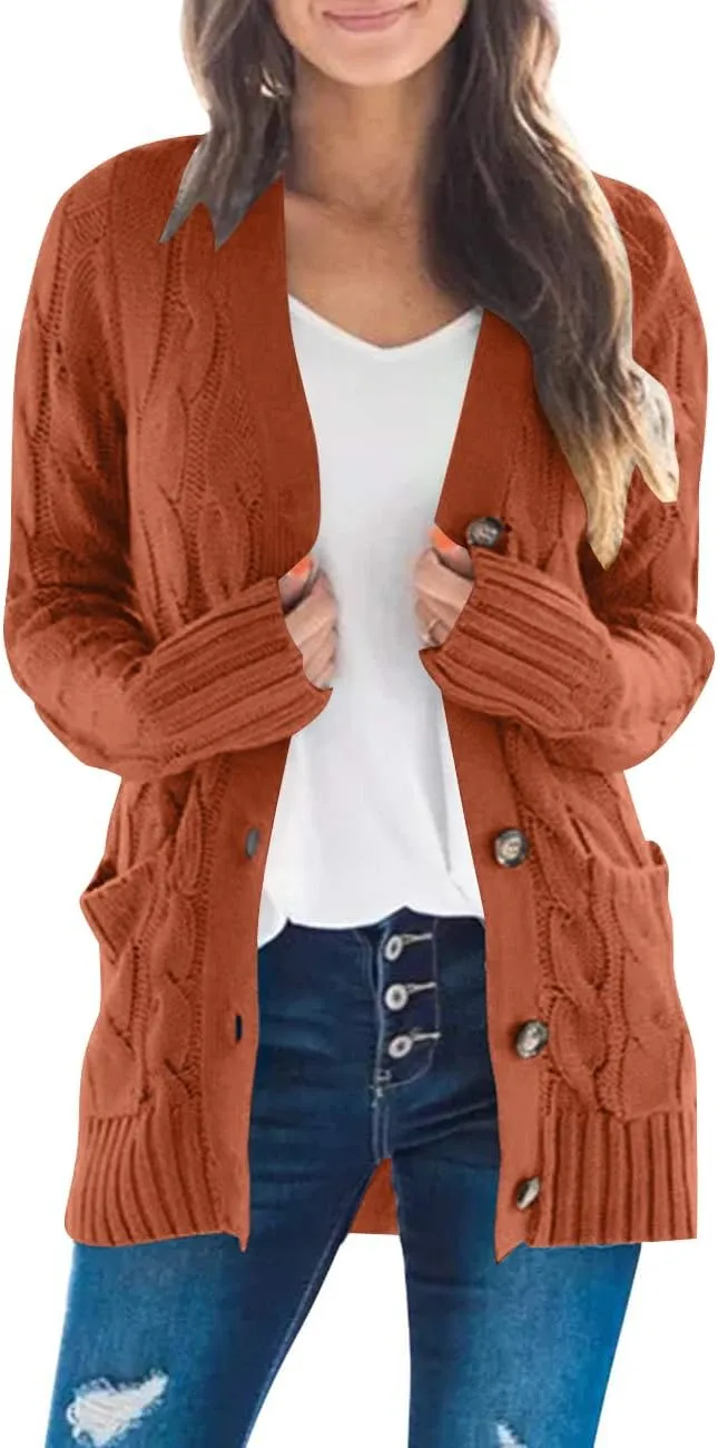 MEROKEETY Women's 2025 Fall Long Sleeve Cable Knit Sweater Open Front Cardigan Button Loose Outerwear