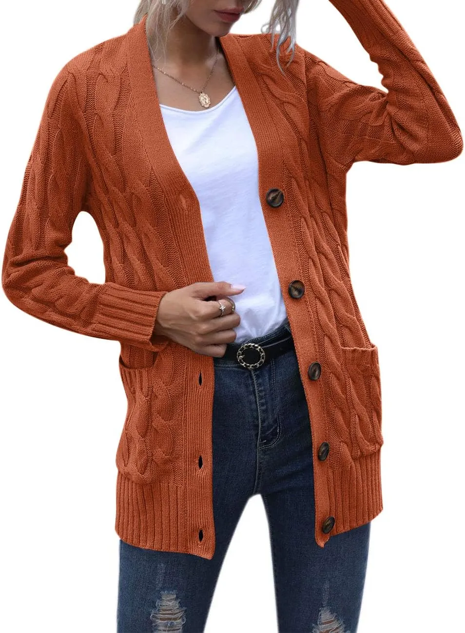 MEROKEETY Women's 2025 Fall Long Sleeve Cable Knit Sweater Open Front Cardigan Button Loose Outerwear