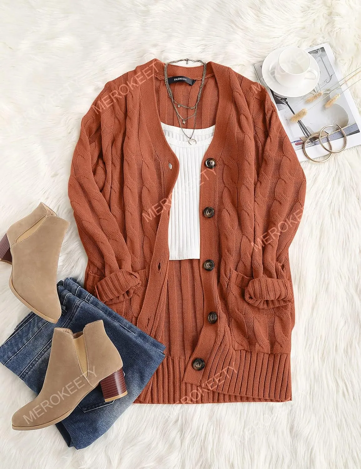 MEROKEETY Women's 2025 Fall Long Sleeve Cable Knit Sweater Open Front Cardigan Button Loose Outerwear