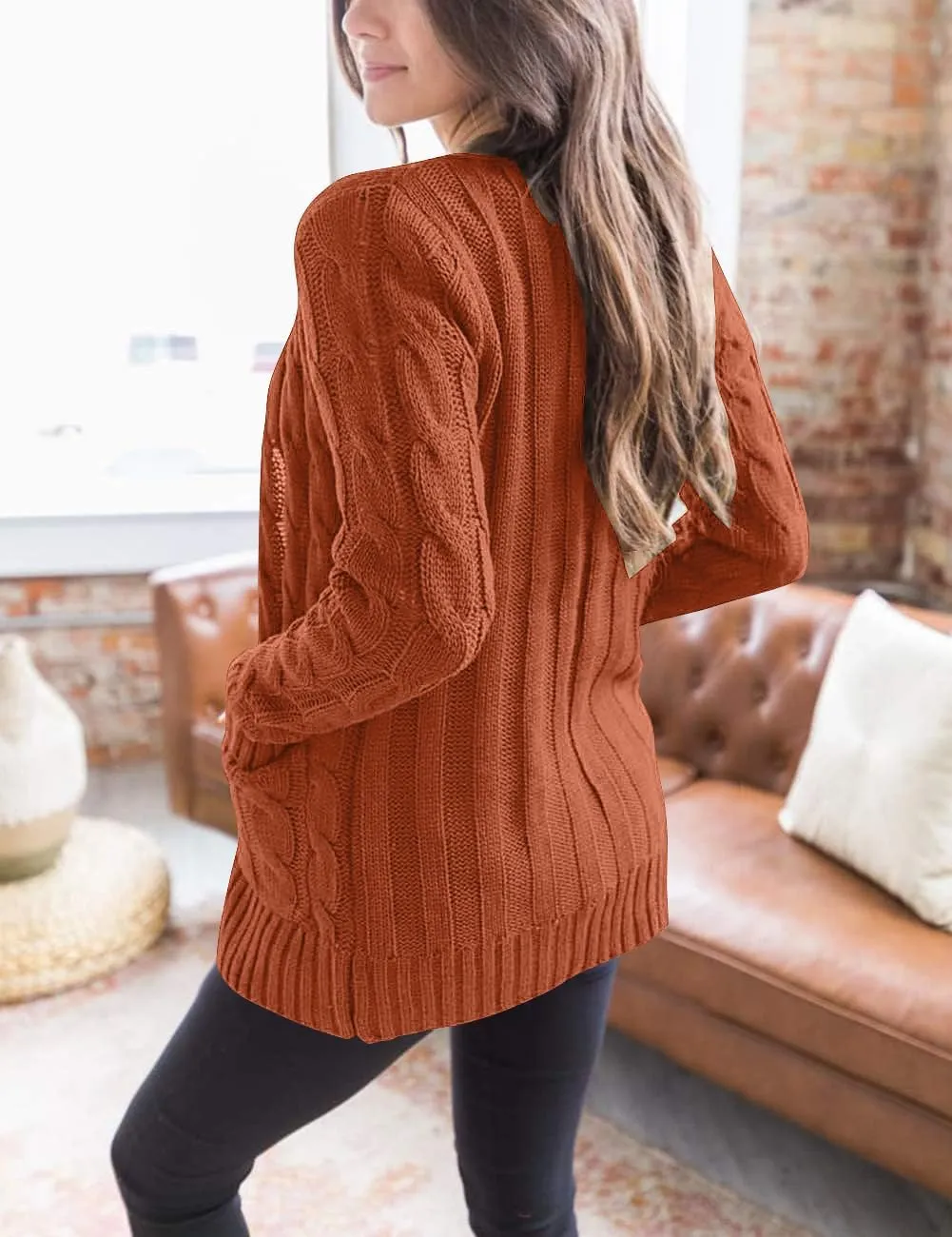 MEROKEETY Women's 2025 Fall Long Sleeve Cable Knit Sweater Open Front Cardigan Button Loose Outerwear