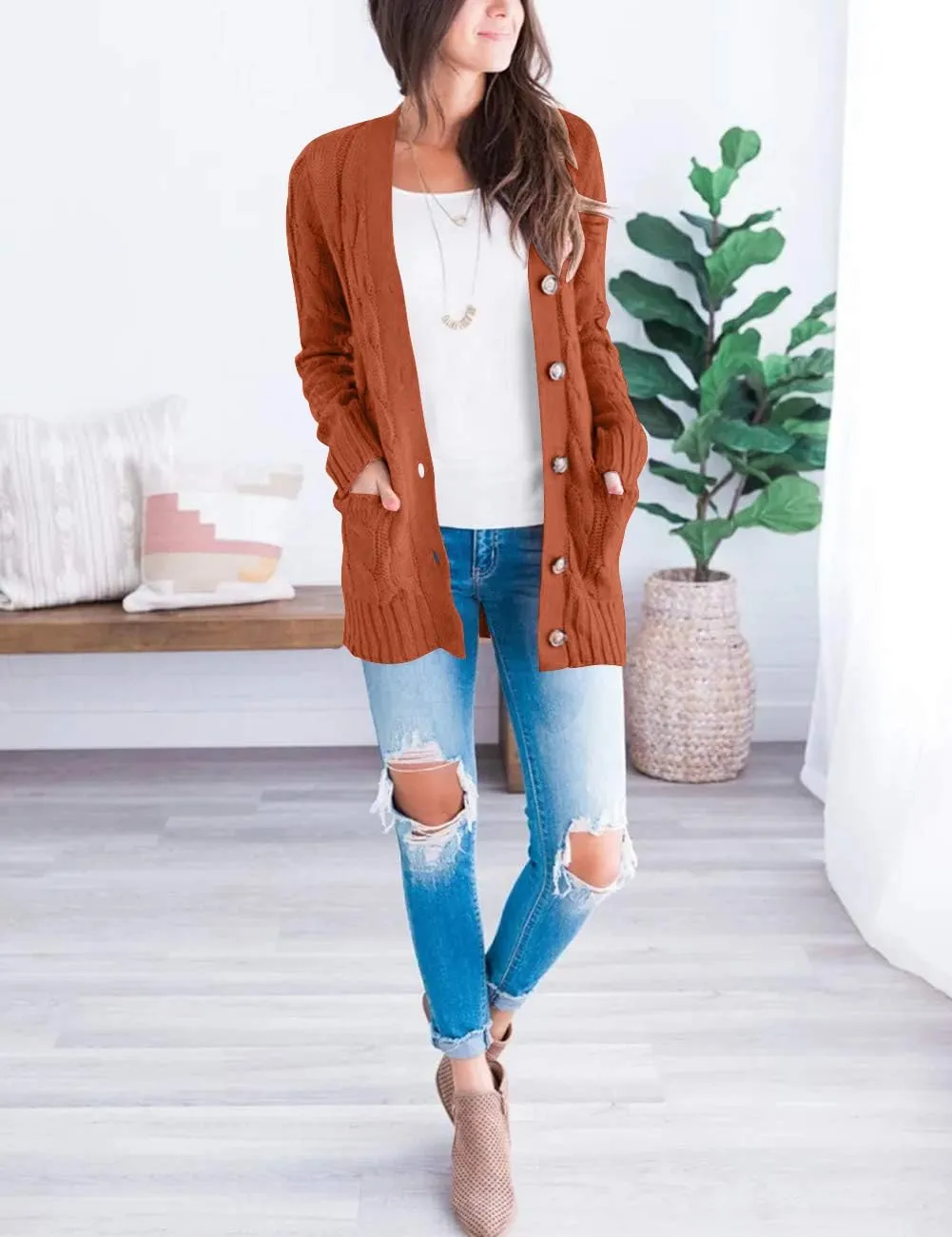 MEROKEETY Women's 2025 Fall Long Sleeve Cable Knit Sweater Open Front Cardigan Button Loose Outerwear