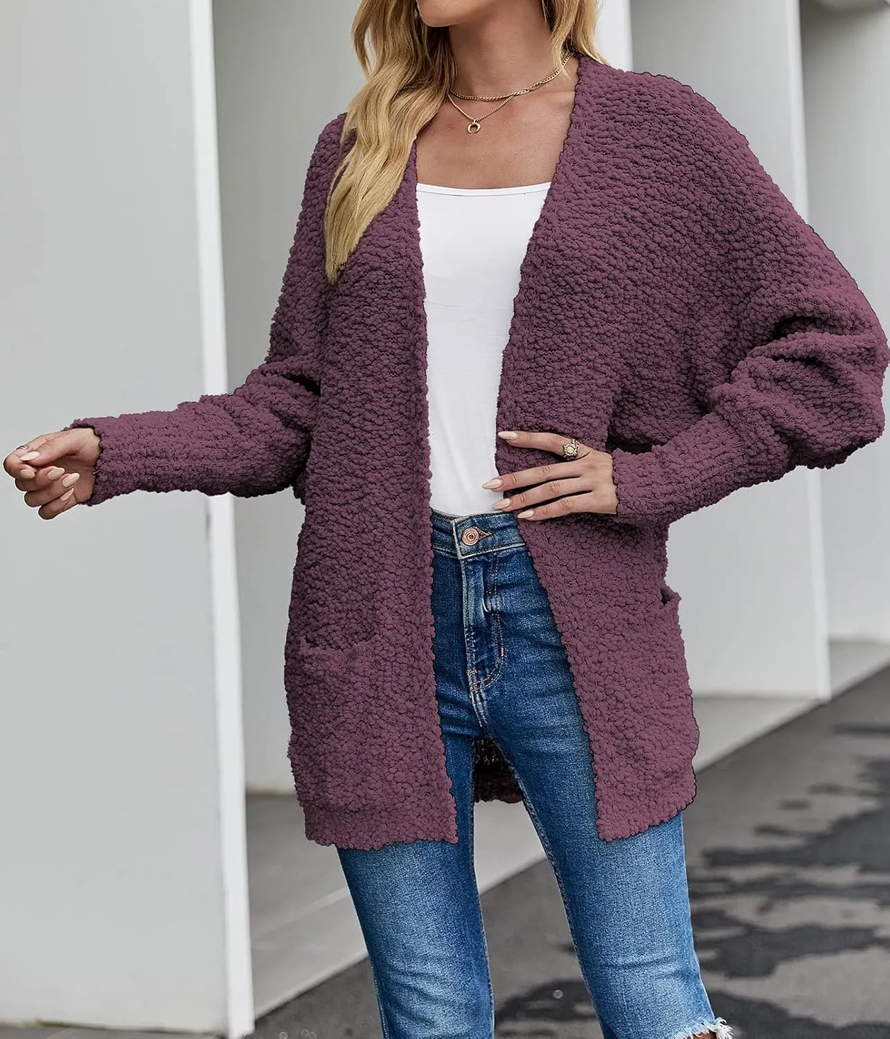 MEROKEETY Women's 2025 Winter Fuzzy Popcorn Batwing Sleeve Cardigan Knit Oversized Sherpa Sweater Coat
