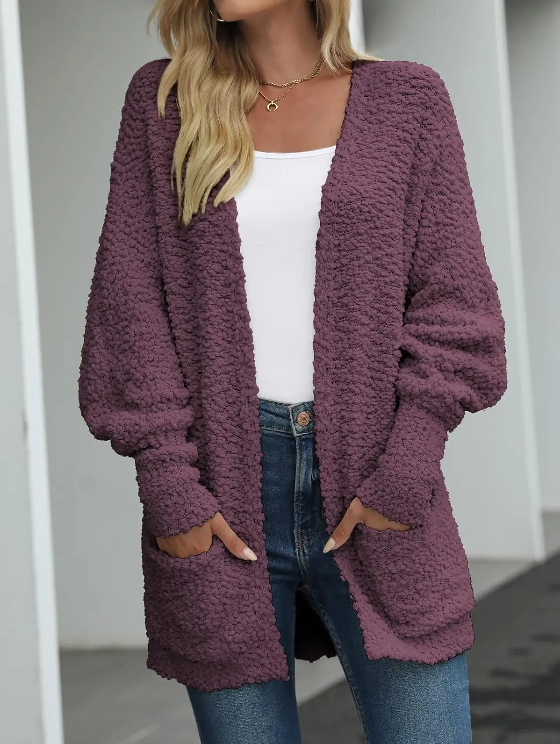 MEROKEETY Women's 2025 Winter Fuzzy Popcorn Batwing Sleeve Cardigan Knit Oversized Sherpa Sweater Coat