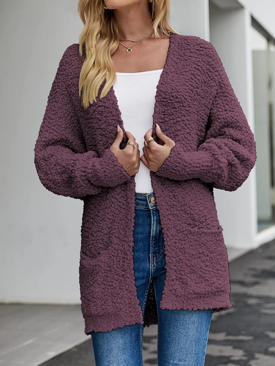MEROKEETY Women's 2025 Winter Fuzzy Popcorn Batwing Sleeve Cardigan Knit Oversized Sherpa Sweater Coat