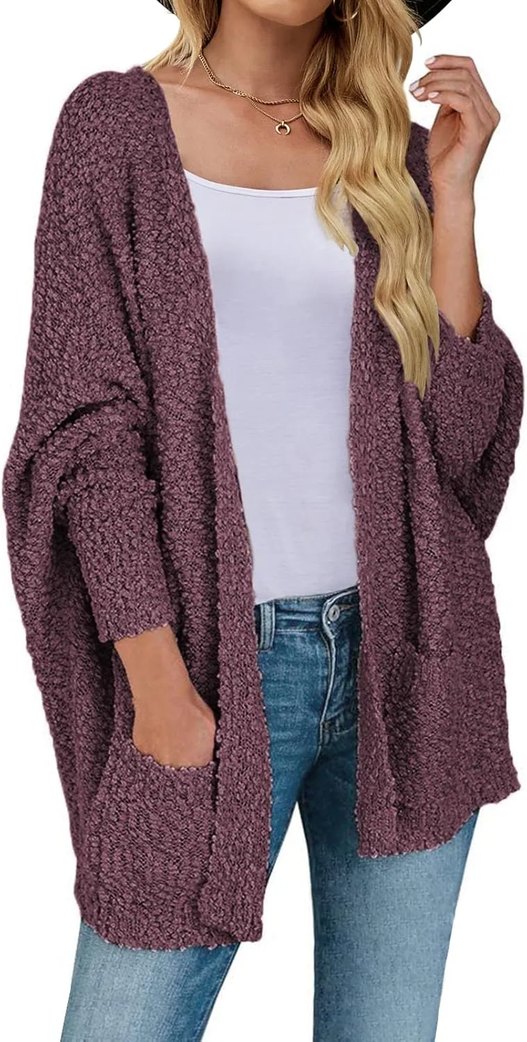 MEROKEETY Women's 2025 Winter Fuzzy Popcorn Batwing Sleeve Cardigan Knit Oversized Sherpa Sweater Coat