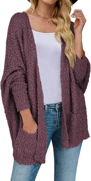 MEROKEETY Women's 2025 Winter Fuzzy Popcorn Batwing Sleeve Cardigan Knit Oversized Sherpa Sweater Coat