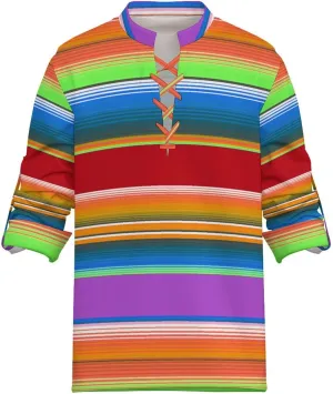 Mexican Stripes Shirt Womens Casual Long Sleeve Dress Shirt Rope Weaving Clothings V-Neck Fit Shirts Blouse