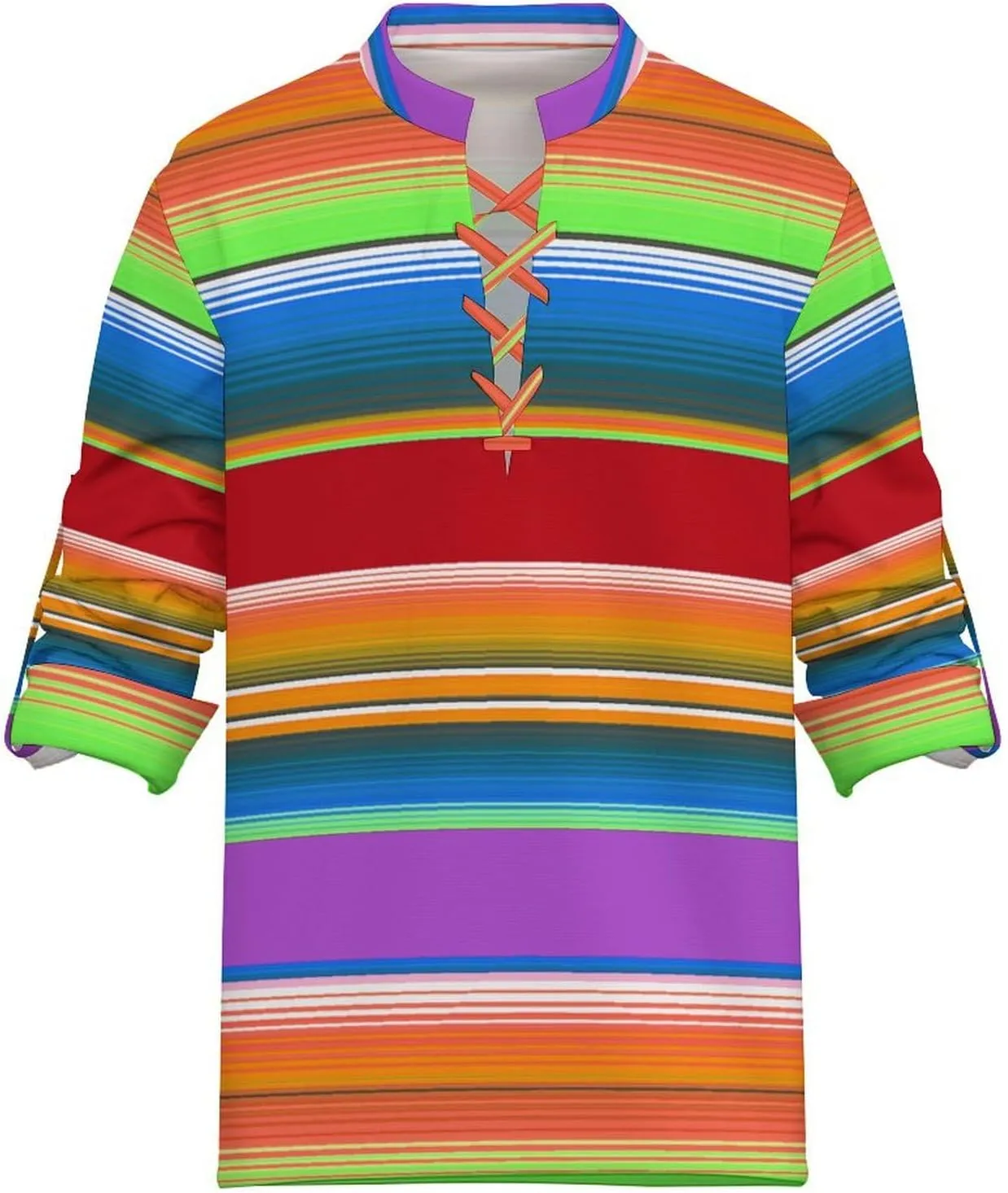 Mexican Stripes Shirt Womens Casual Long Sleeve Dress Shirt Rope Weaving Clothings V-Neck Fit Shirts Blouse