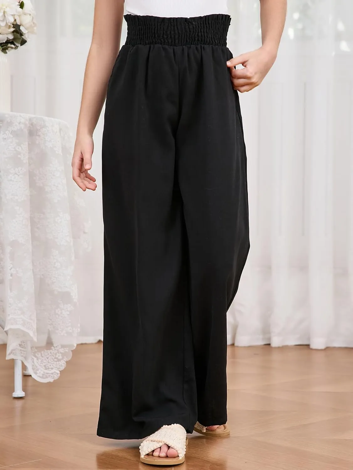 Milumia Girl's Linen High Waist Smocked Paperbag Wide Leg Pants Long Trousers