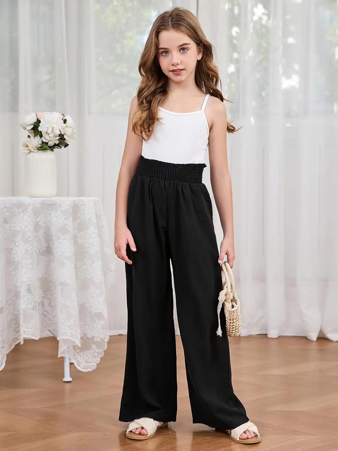 Milumia Girl's Linen High Waist Smocked Paperbag Wide Leg Pants Long Trousers