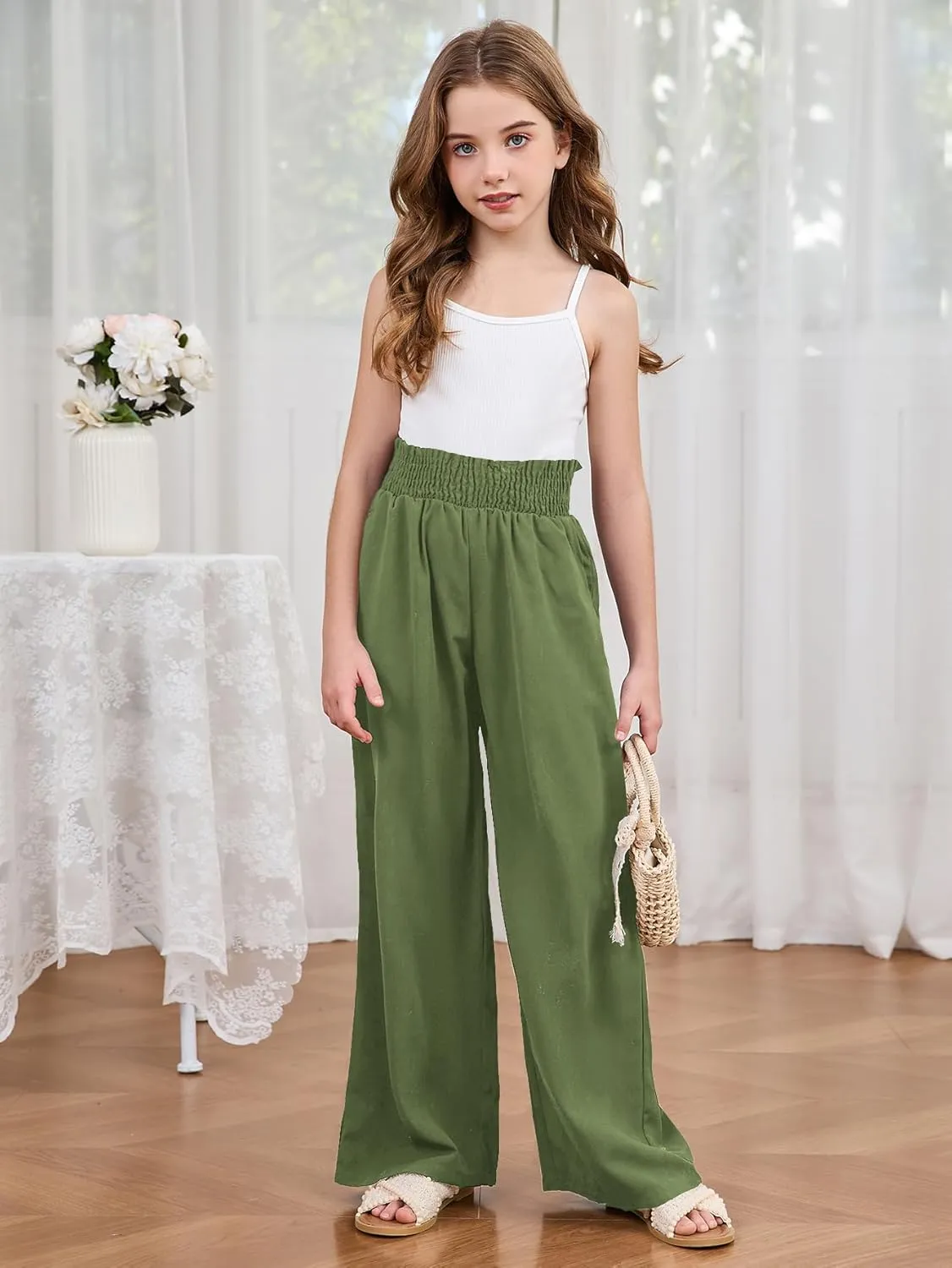 Milumia Girl's Linen High Waist Smocked Paperbag Wide Leg Pants Long Trousers