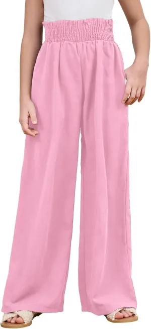 Milumia Girl's Linen High Waist Smocked Paperbag Wide Leg Pants Long Trousers