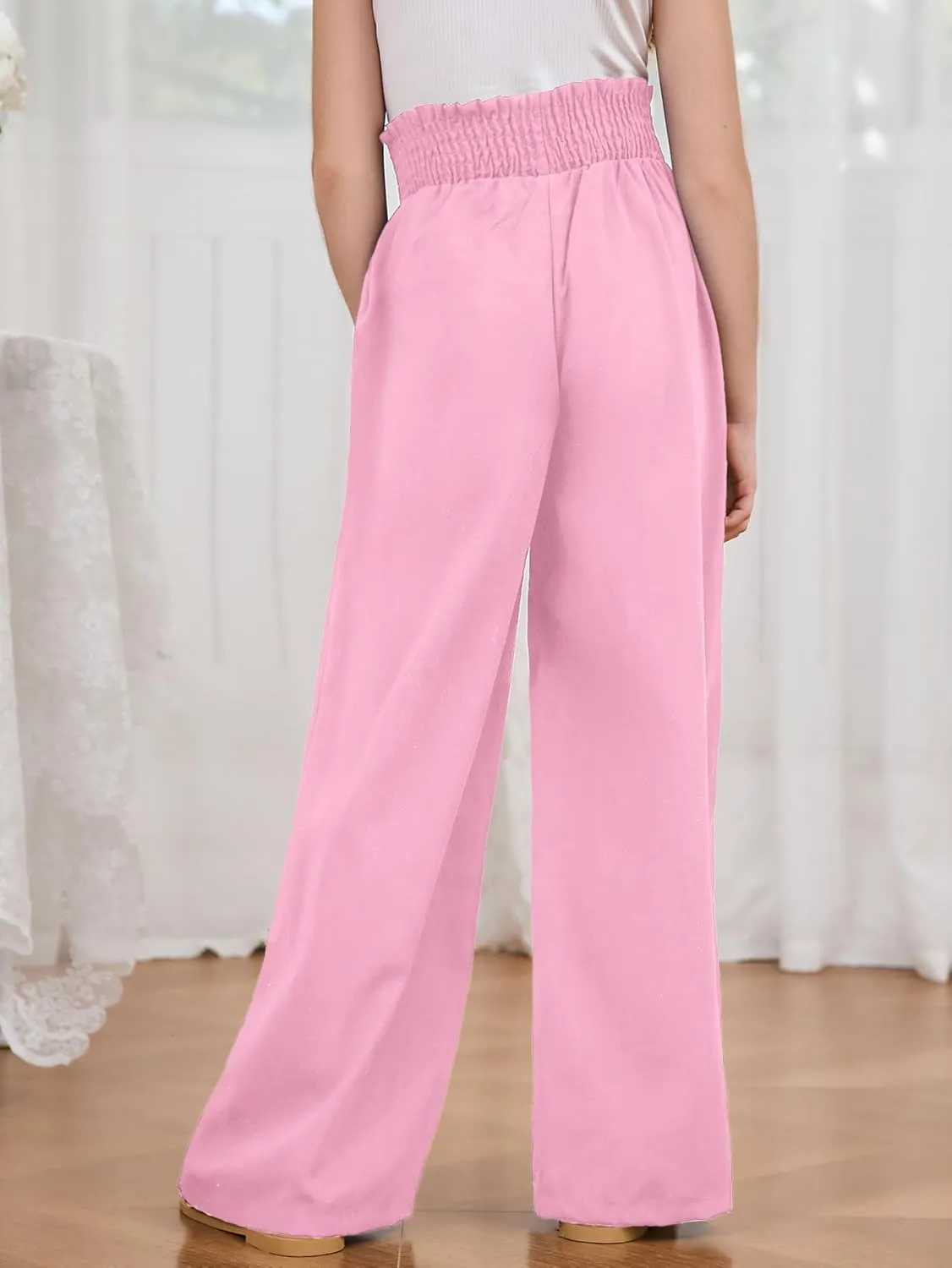 Milumia Girl's Linen High Waist Smocked Paperbag Wide Leg Pants Long Trousers