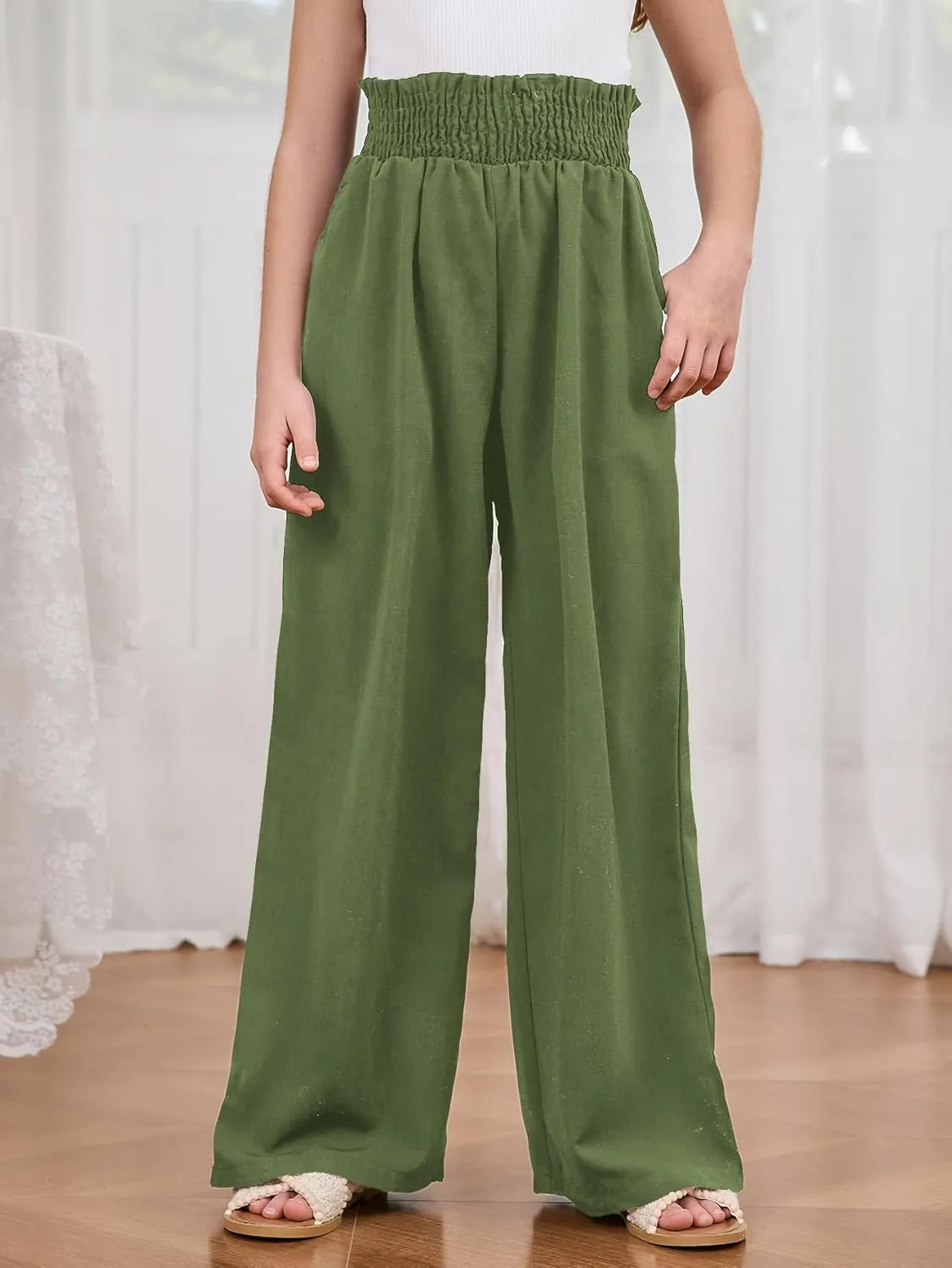 Milumia Girl's Linen High Waist Smocked Paperbag Wide Leg Pants Long Trousers