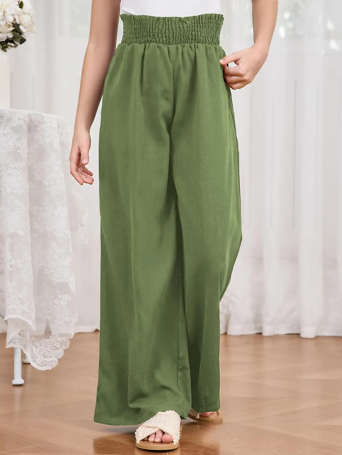 Milumia Girl's Linen High Waist Smocked Paperbag Wide Leg Pants Long Trousers