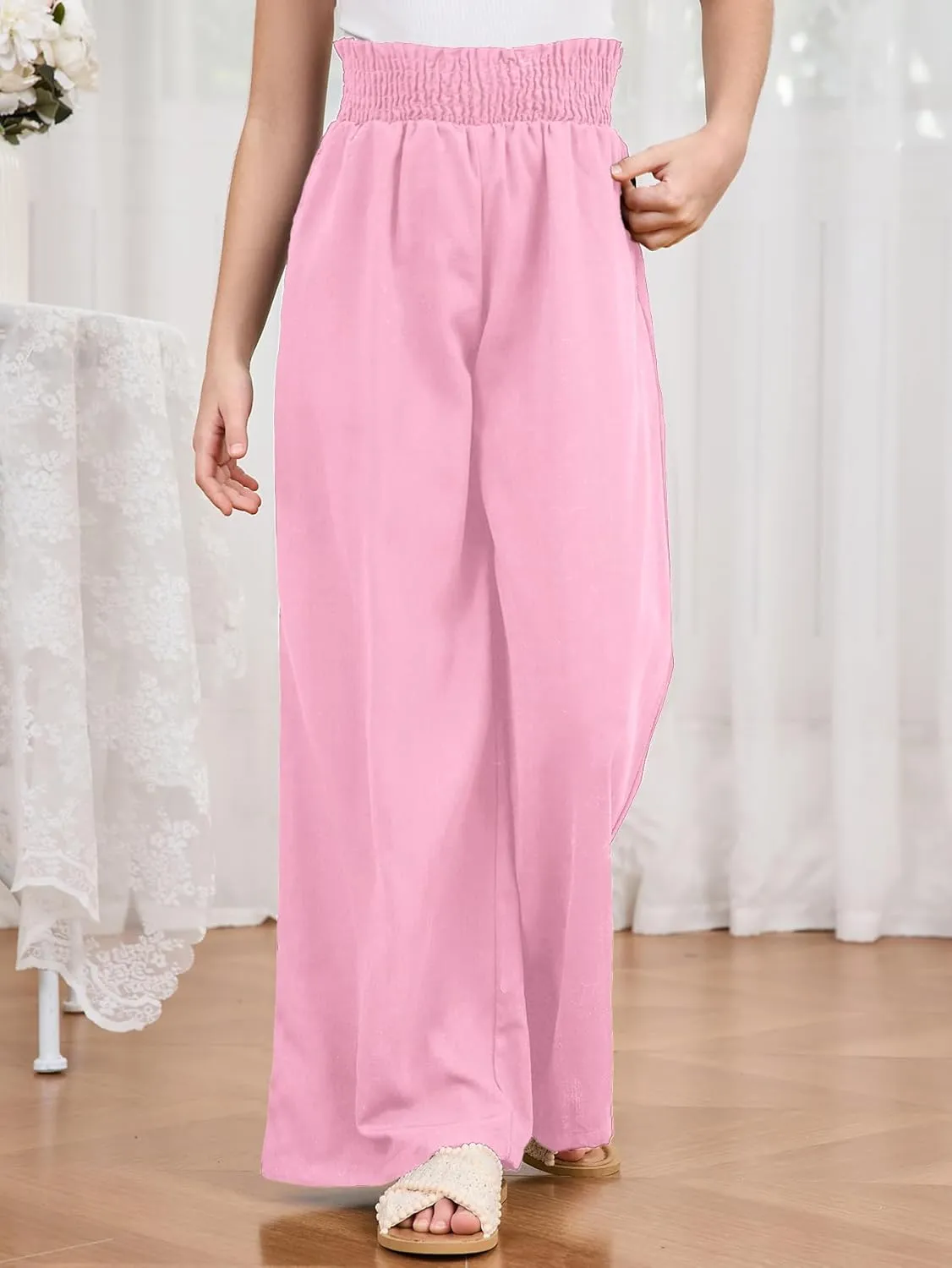 Milumia Girl's Linen High Waist Smocked Paperbag Wide Leg Pants Long Trousers