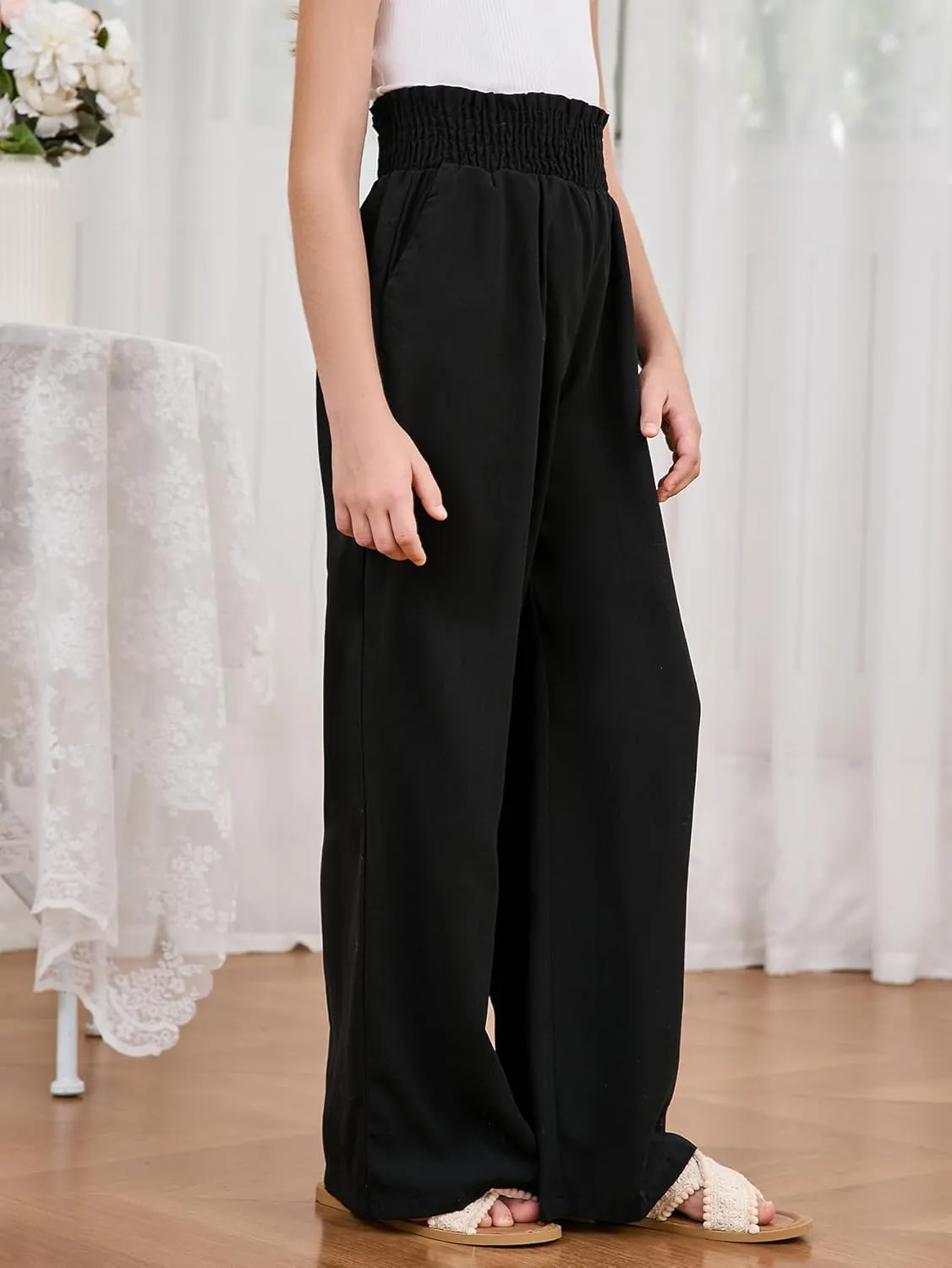 Milumia Girl's Linen High Waist Smocked Paperbag Wide Leg Pants Long Trousers