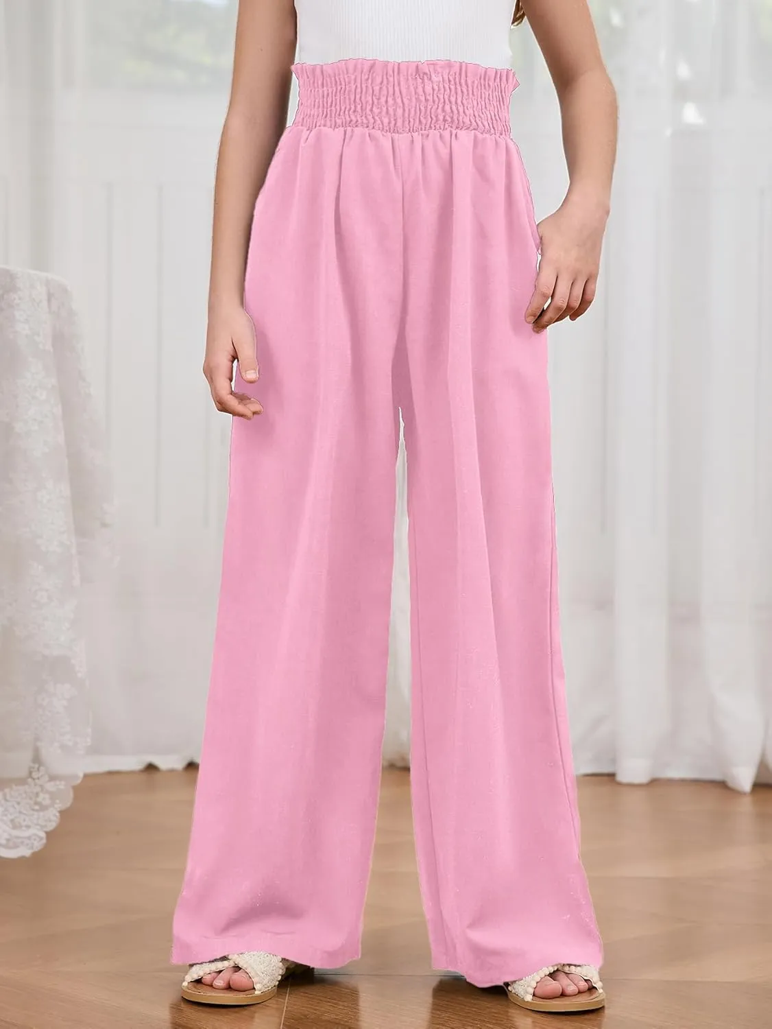 Milumia Girl's Linen High Waist Smocked Paperbag Wide Leg Pants Long Trousers